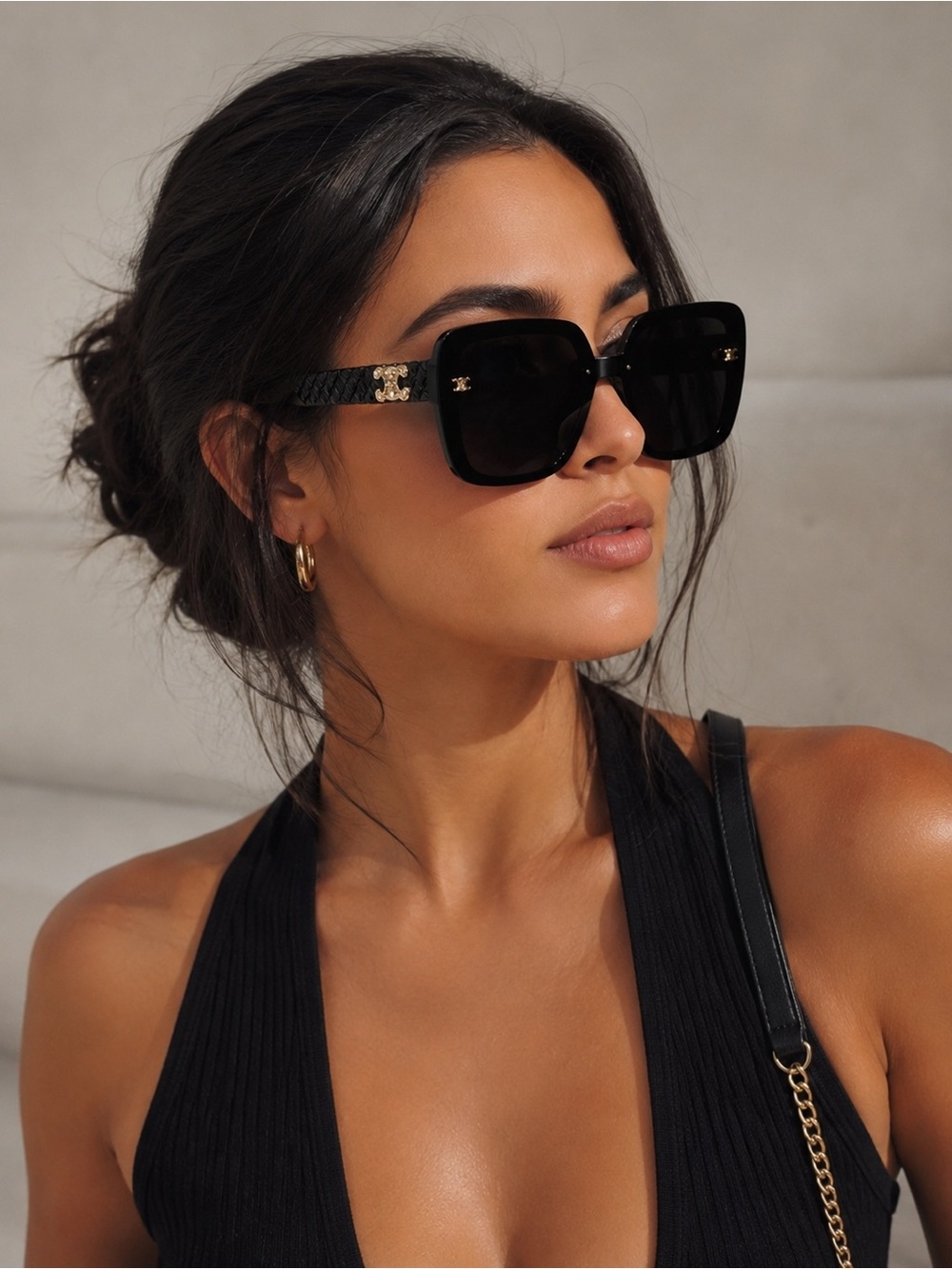 Black Square Sunglasses with Gold CC Accent